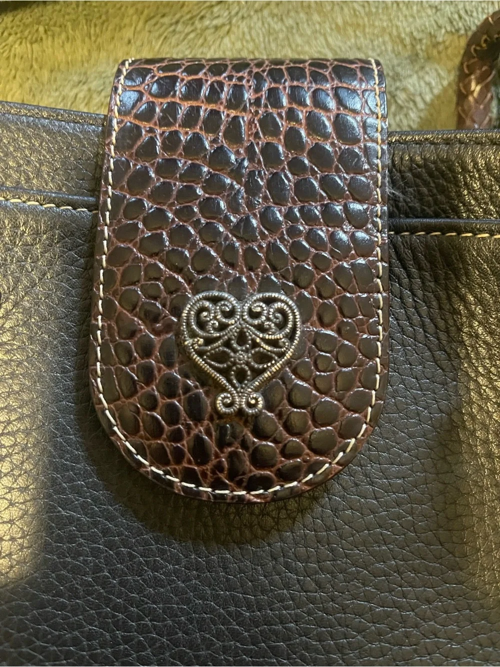 Vintage Black Leather Satchel Bag with Brown Accents